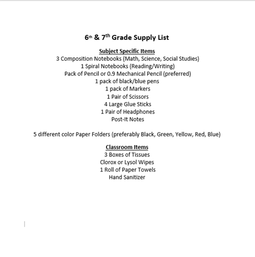 6th and 7th supply list